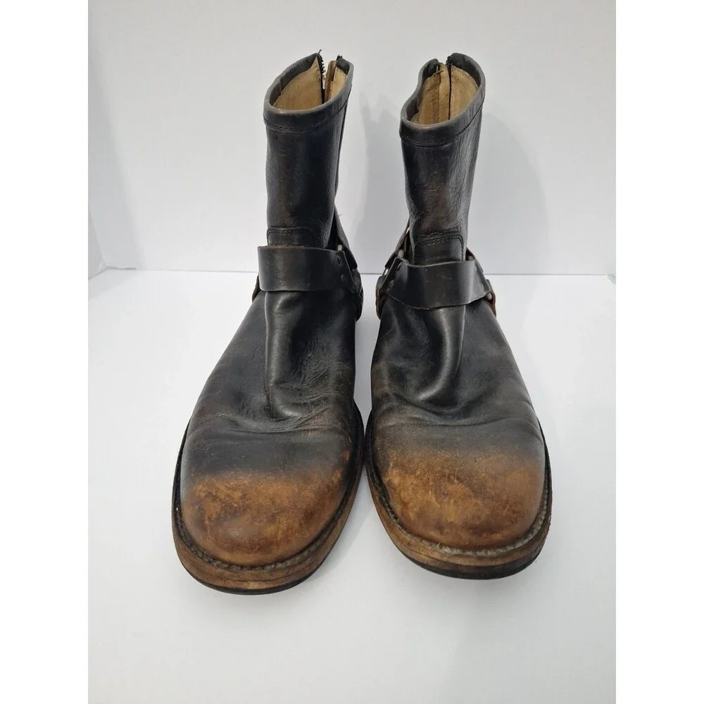 Vtg Frye Antiqued Black Leather Motorcycle Harness Boot Ankle Zip Up Mens 13 D